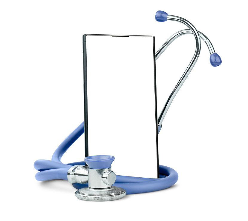 smartphone and stethoscope on isolated white background