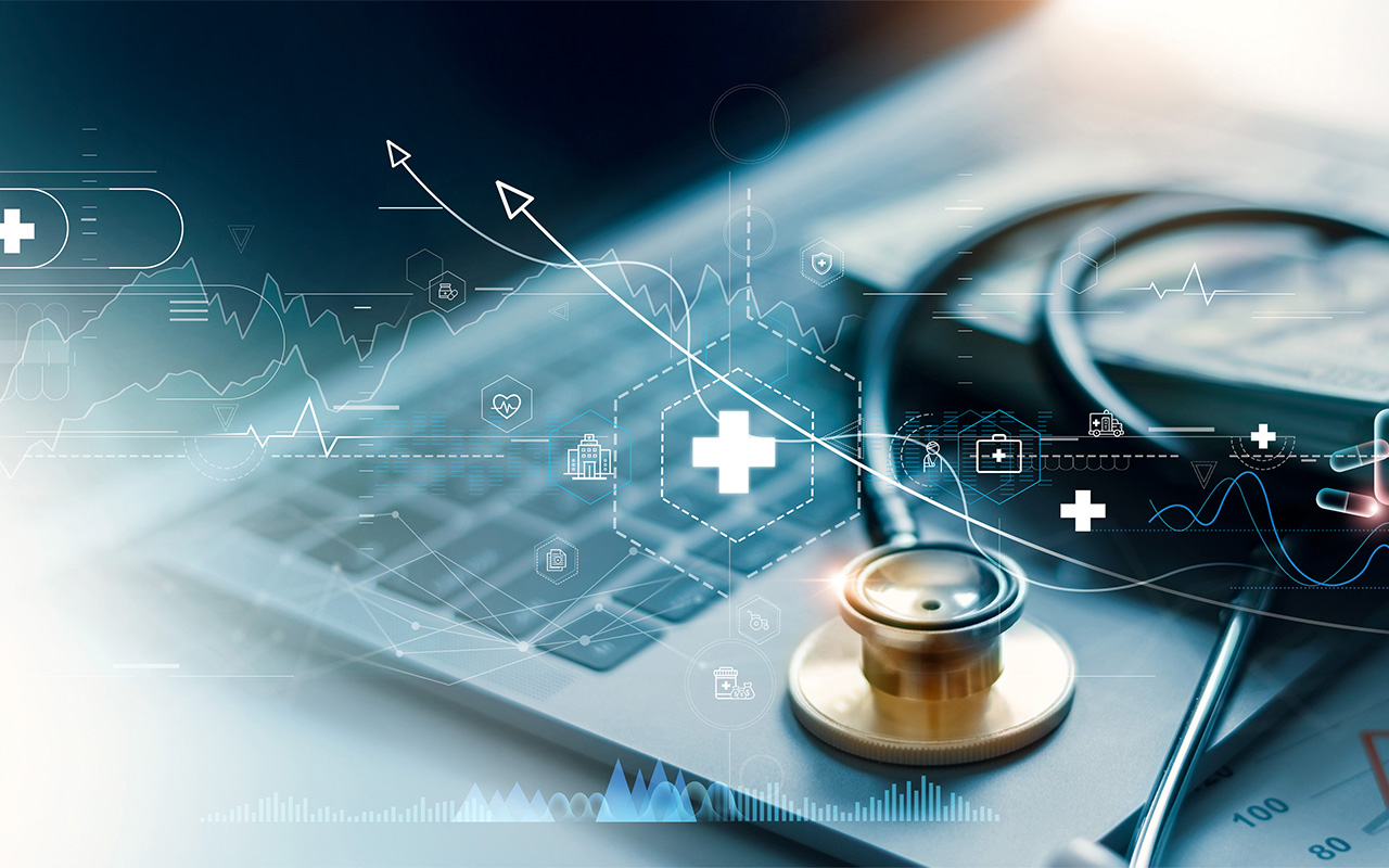 Healthcare business graph and data of Medical business growth and gold stethoscope of doctor on laptop, investment, financial and banking,