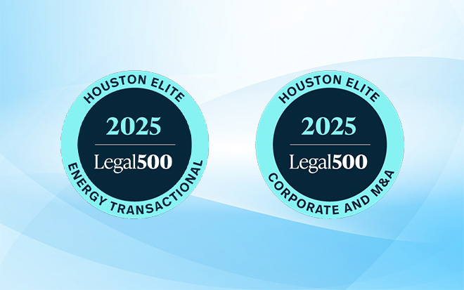 Two Houston "Elite" badges: "Energy Transactional" and "Corporate and M&A"