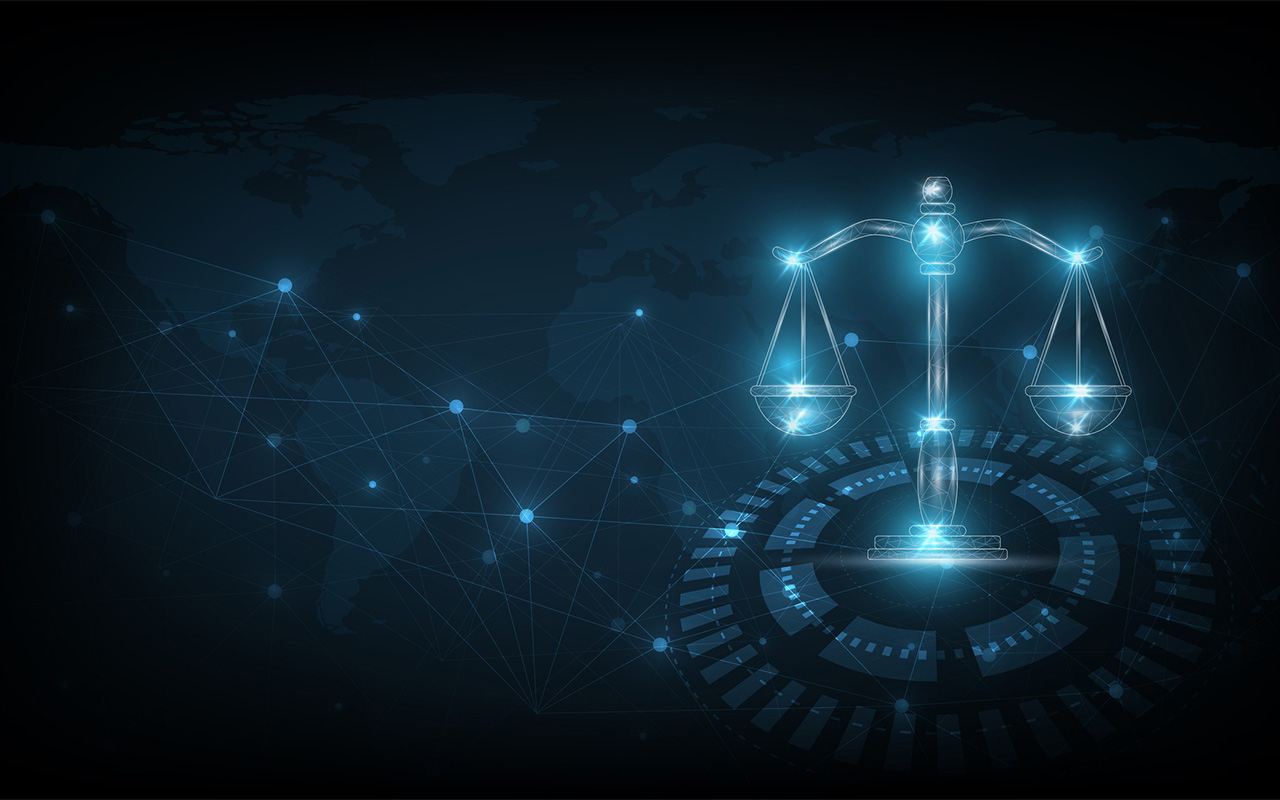 digital justice concept with glowing polygonal balance scale connected to circuit board on dark blue background