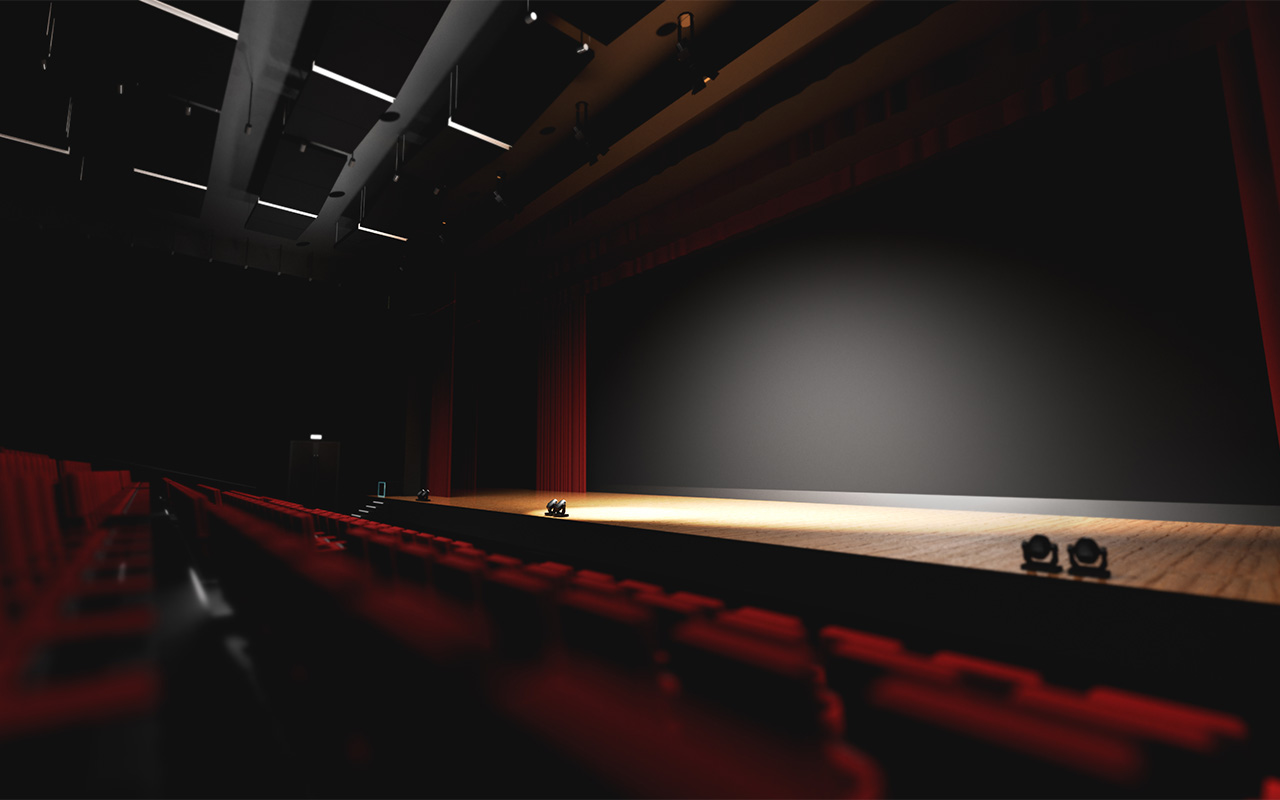 Theatre with empty stage in spotlight. Red theater curtain and seats.