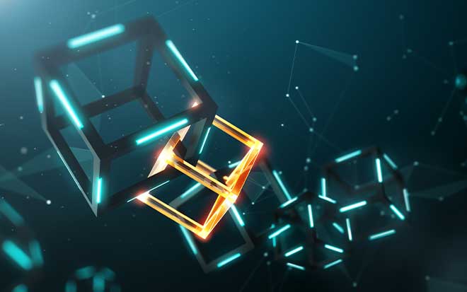 graphic of green and orange blockchain in band