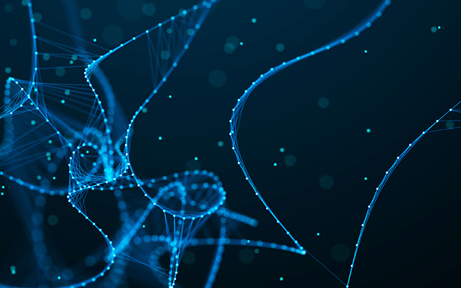 Abstract digital connection dots and lines. DNA structure. Data technology background. Sound wave. 3d rendering