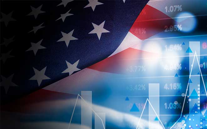 United States flag overlaid with financial charts and percentage data, symbolizing market performance