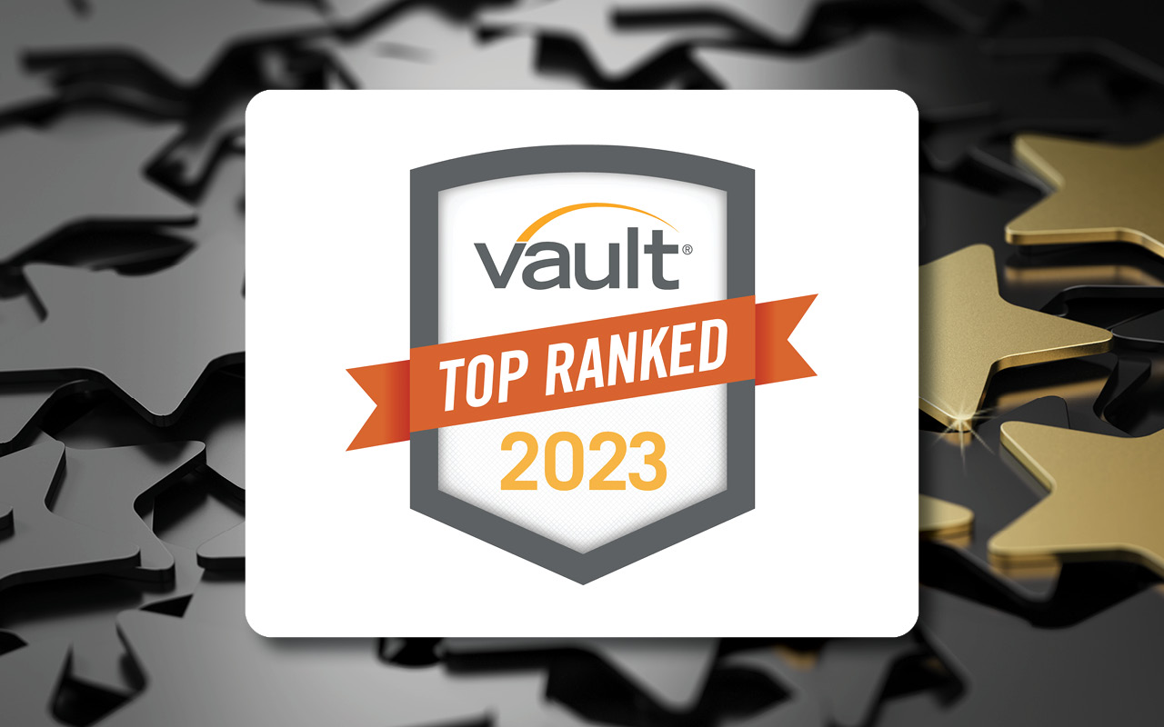 Photo of 2023 Vault badge logo which reads "Vault Top Ranked 2023"