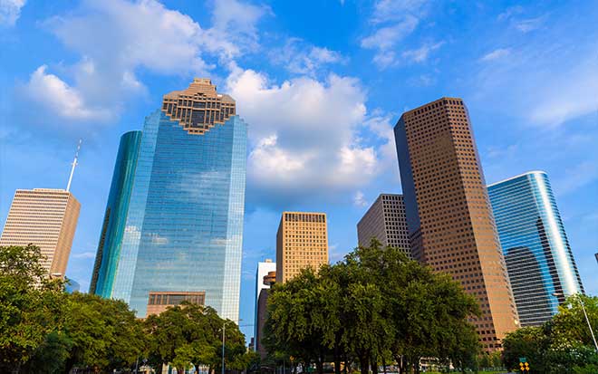 Upshot photo of skyscrapers in downtown Houston