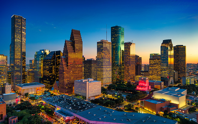 Houston Downtown Aerial Skyline At Dusk, Close Up