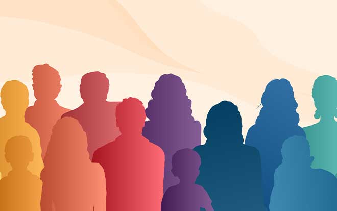 Colored silhouette graphics of humans in a group