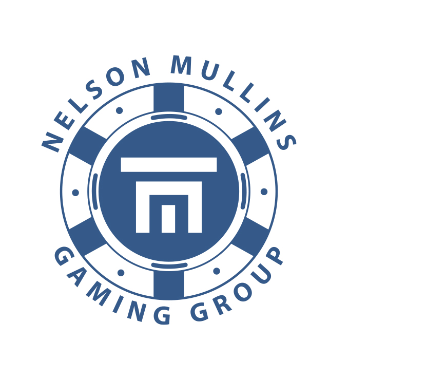 A blue and white casino chip with the Nelson Mullins logo in the center and Nelson Mullins Gaming Group around the edges