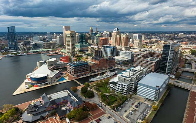 A photo of downtown Baltimore is pictured.