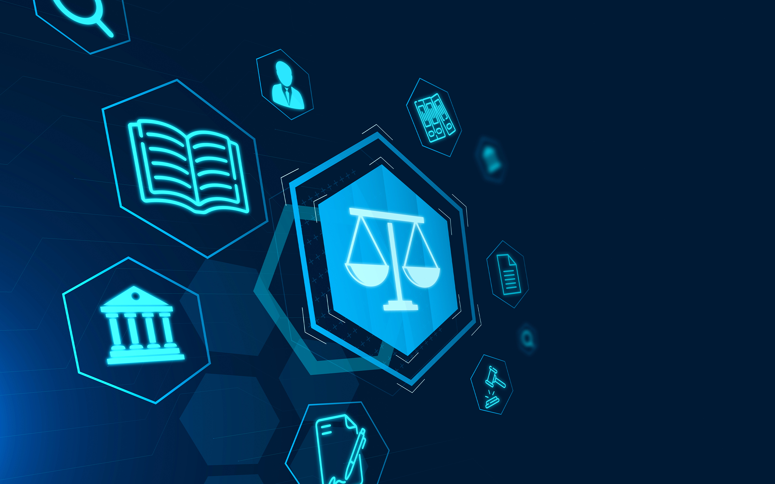 Symbols of a courthouse, book, and scale