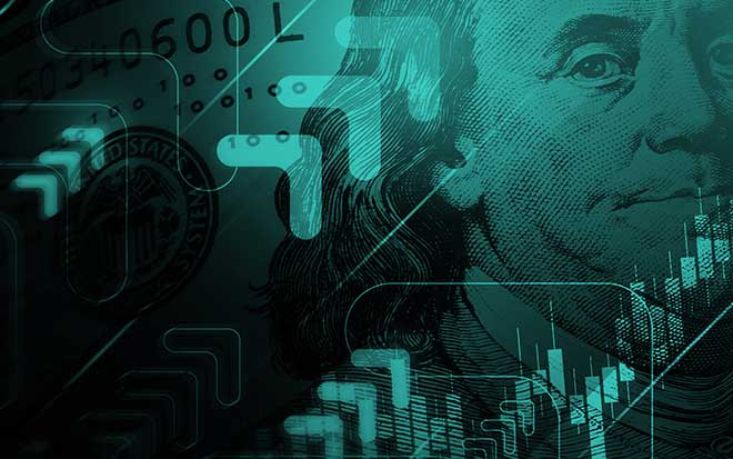 U.S. $100 bill overlaid with abstract financial graphics and data visualizations