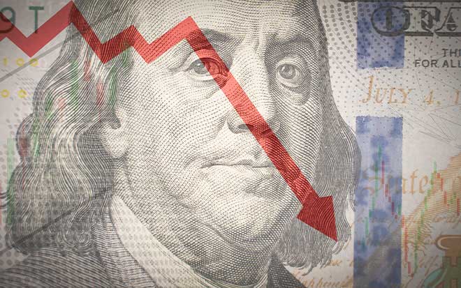 One hundred dollar bill on the background red downward arrow. Economic crisis.