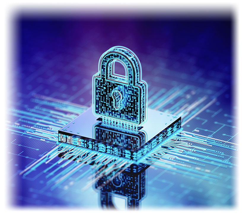 3D render of digital lock on processor on blue and purple circuit board