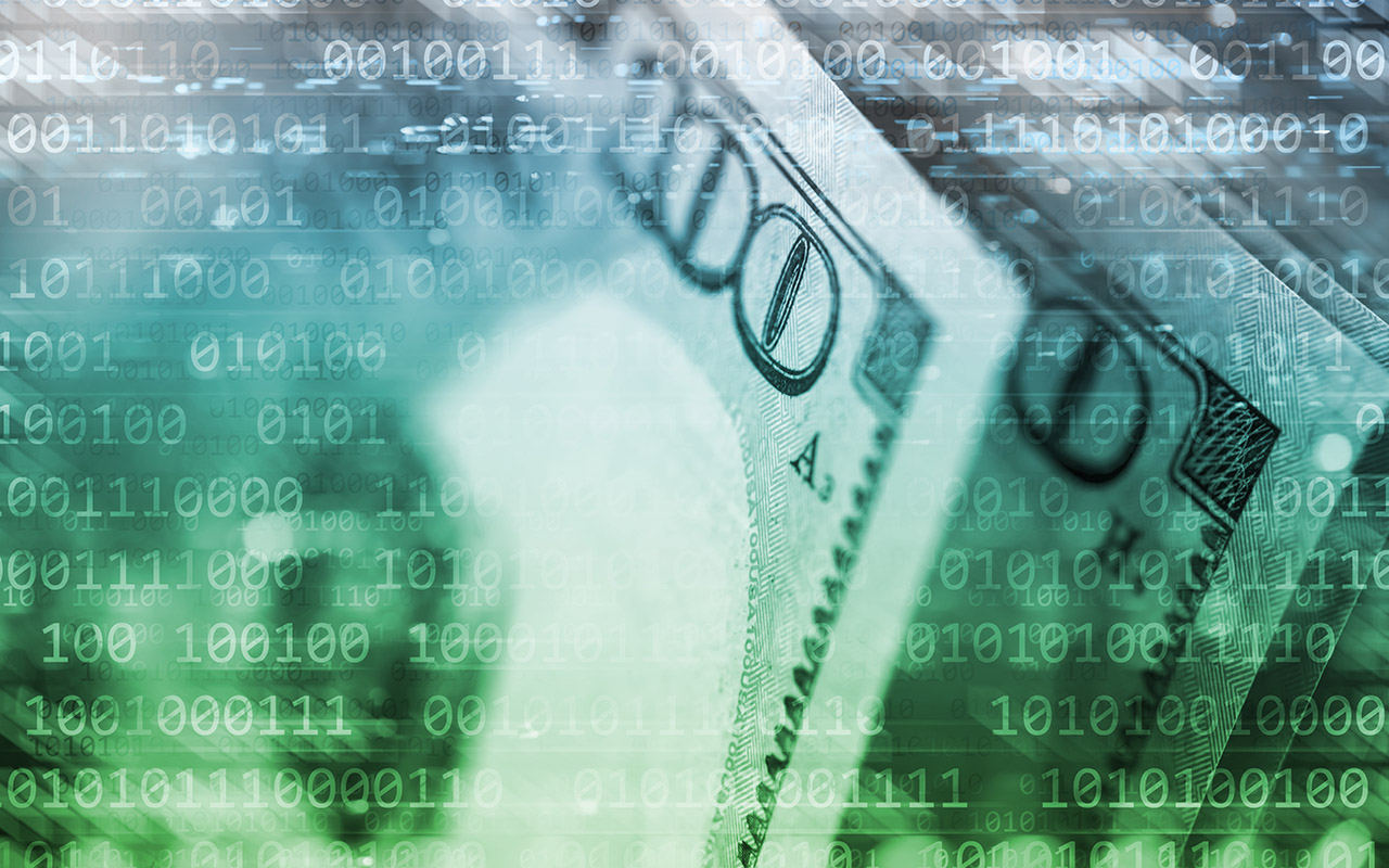 Binary code abstract background with US $100 dollar banknotes