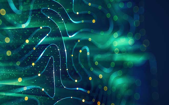 Technology Background with Flowing Lines and Light Particles - stock photo