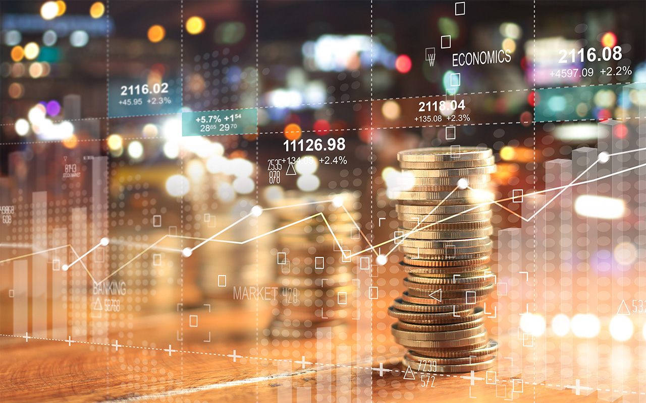 Image of Double exposure with business charts of graph and rows of coins for finance at night city background