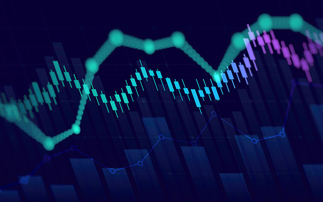 Financial chart with moving up arrow graph in stock market on blue color background
