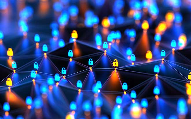 Network and lock icons. Abstract connections technology. Blockchain nodes. Big data safe. Internet security and privacy concept.