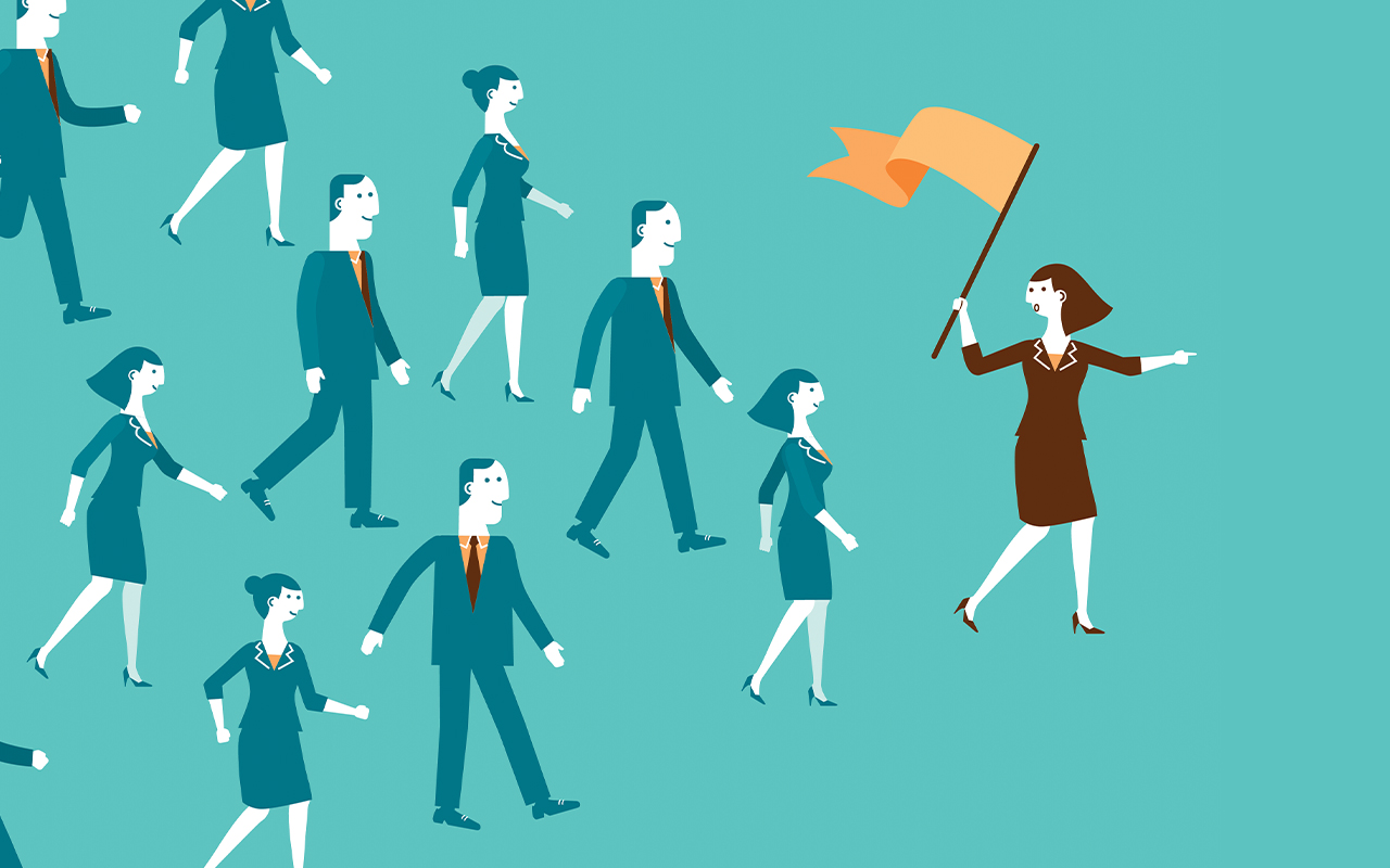 Woman with orange flag with teal background