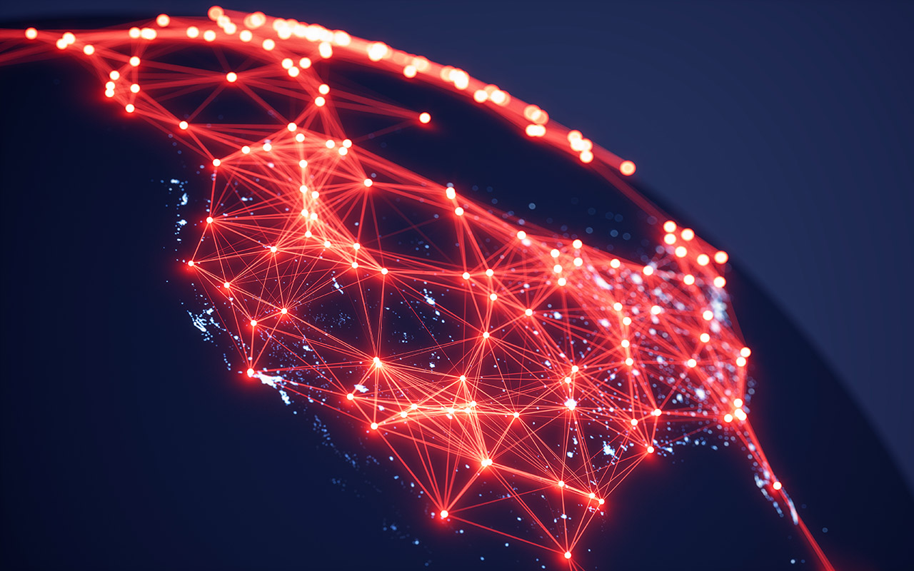 illustration of Abstract World Map With Glowing Networks - USA (World Map Courtesy of NASA) - stock photo