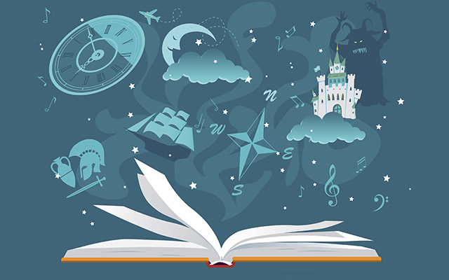 illustration of Open book with imaginary fantastic images hovering over it