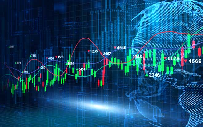Graphic of computer screen with an investment graph in green and red