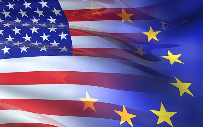 American and European Union flags together. Cooperation between the United States of America and the European Union.