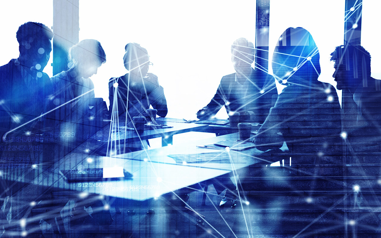 image of people in a corporate board room connected  by dots