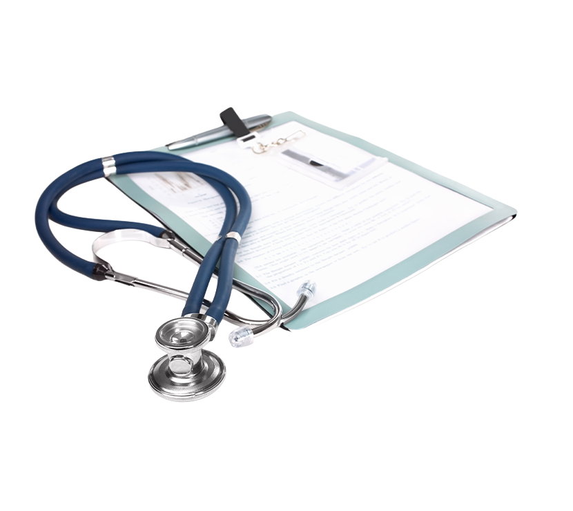Stethoscope and a report isolated over white background