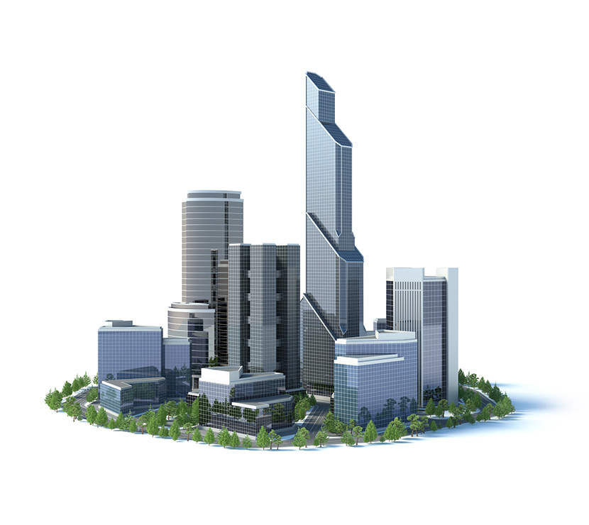 group of 3d skyscapers on white background