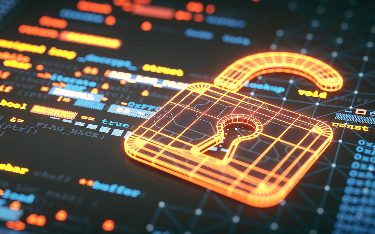A computerized lock is pictured on a screen, lit up by many colors.