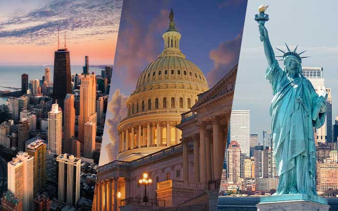 Photo of Chicago skyline, Washington D.C. Capitol, and the Statue of Liberty