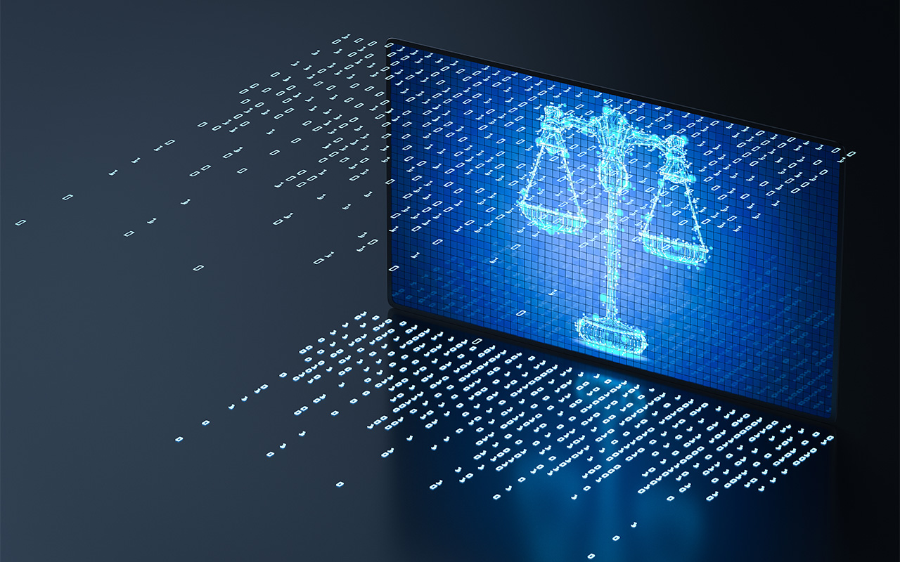 Cyber law concept with 3d rendering digital screen display scale law