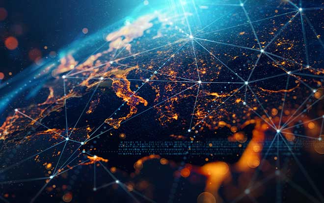 Graphic of the Earth and connected networks lit up across the frame