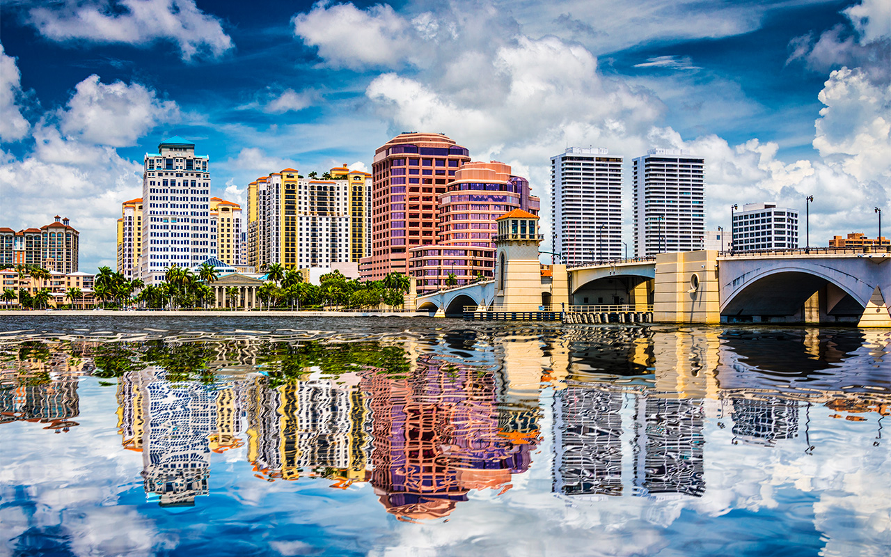 illustration of West Palm Beach, Florida, USA downtown over the intracoastal waterway