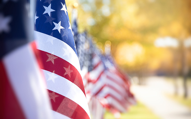 closeup of American flags lined up in a row