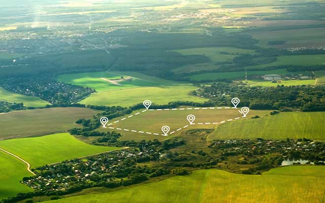 Aerial view of land and positioning point area