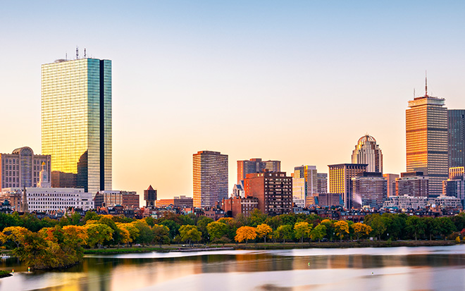 Boston skyline at sunset