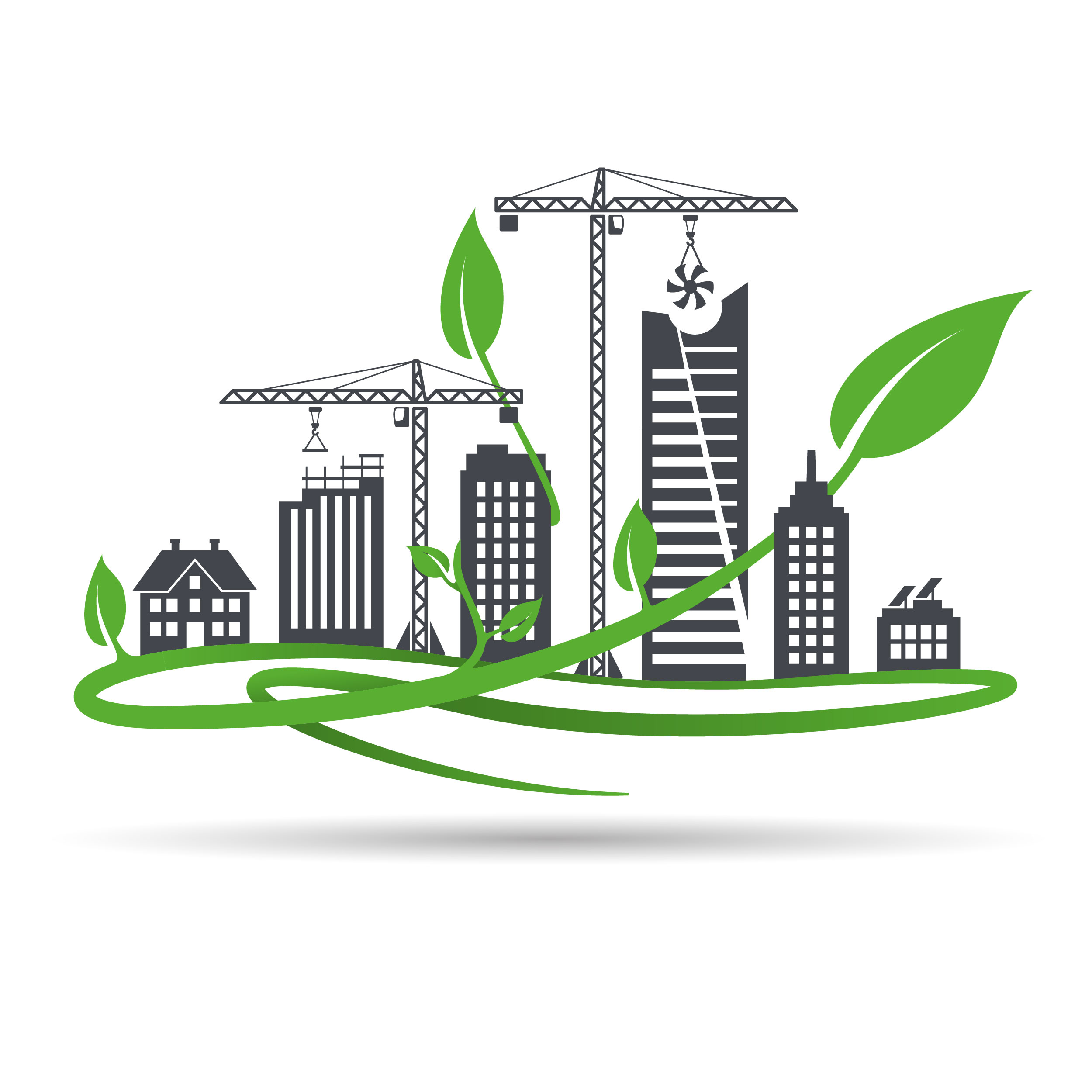 Cityscape with ongoing construction surrounded by green leaves.