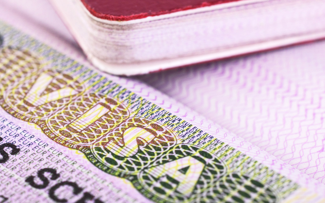 Photo of United States visa on pink background.