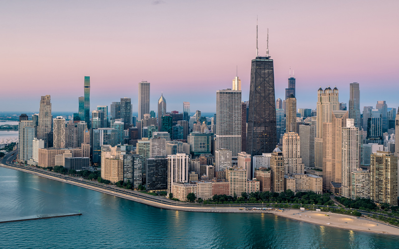 A city skyline at sunset
