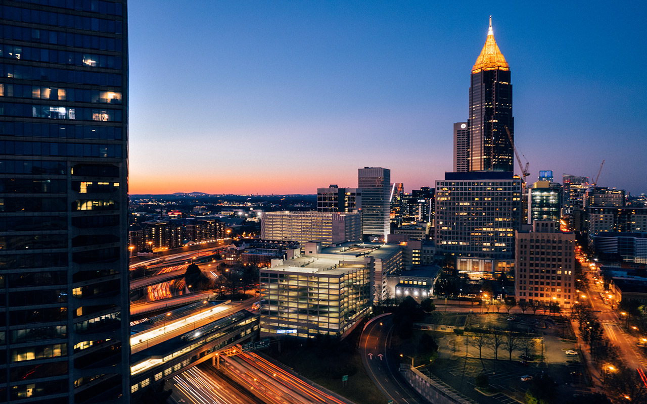 illuminated buildings in Atlanta skyline