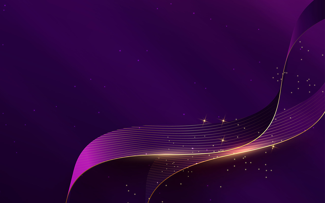 Luxury curve golden lines on dark purple background with lighting effect copy space for text. Luxury design style. Template premium award design.