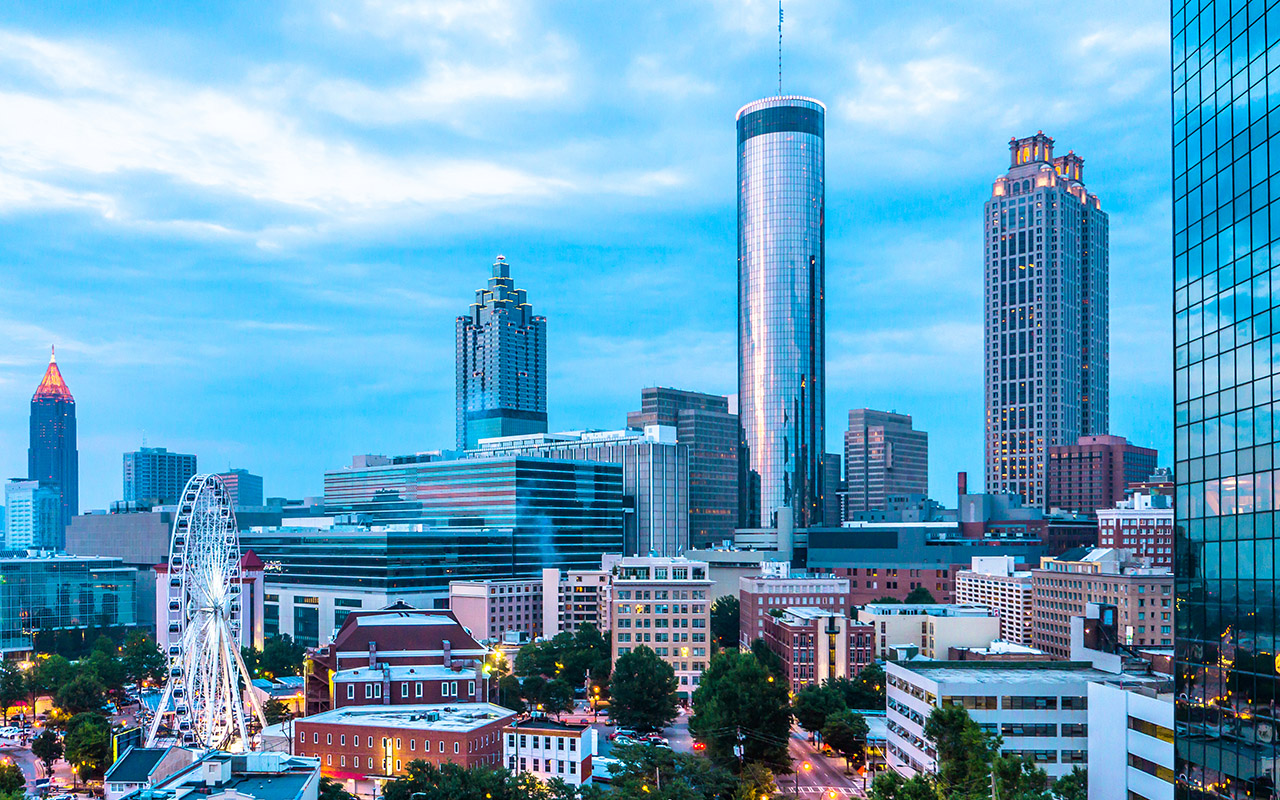 Skyline view of Downtown and Midtown Atlanta with ferris wheel