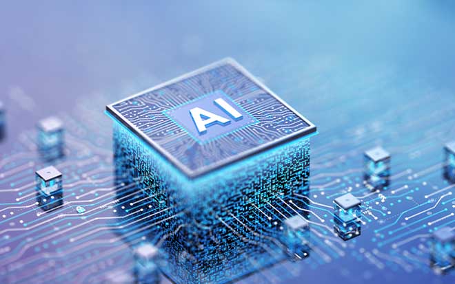 dark blue processor with "AI" written on it on top of a circuit board