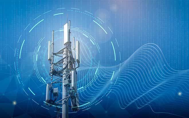 Image of a communications tower with signal emitting effects