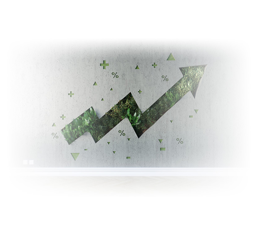 Vertical garden shaped of growing graph arrow on the wall interior. (3d render)