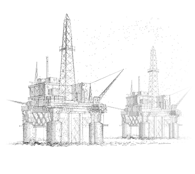 Black and white sketch rendering of deep-sea oil rigs