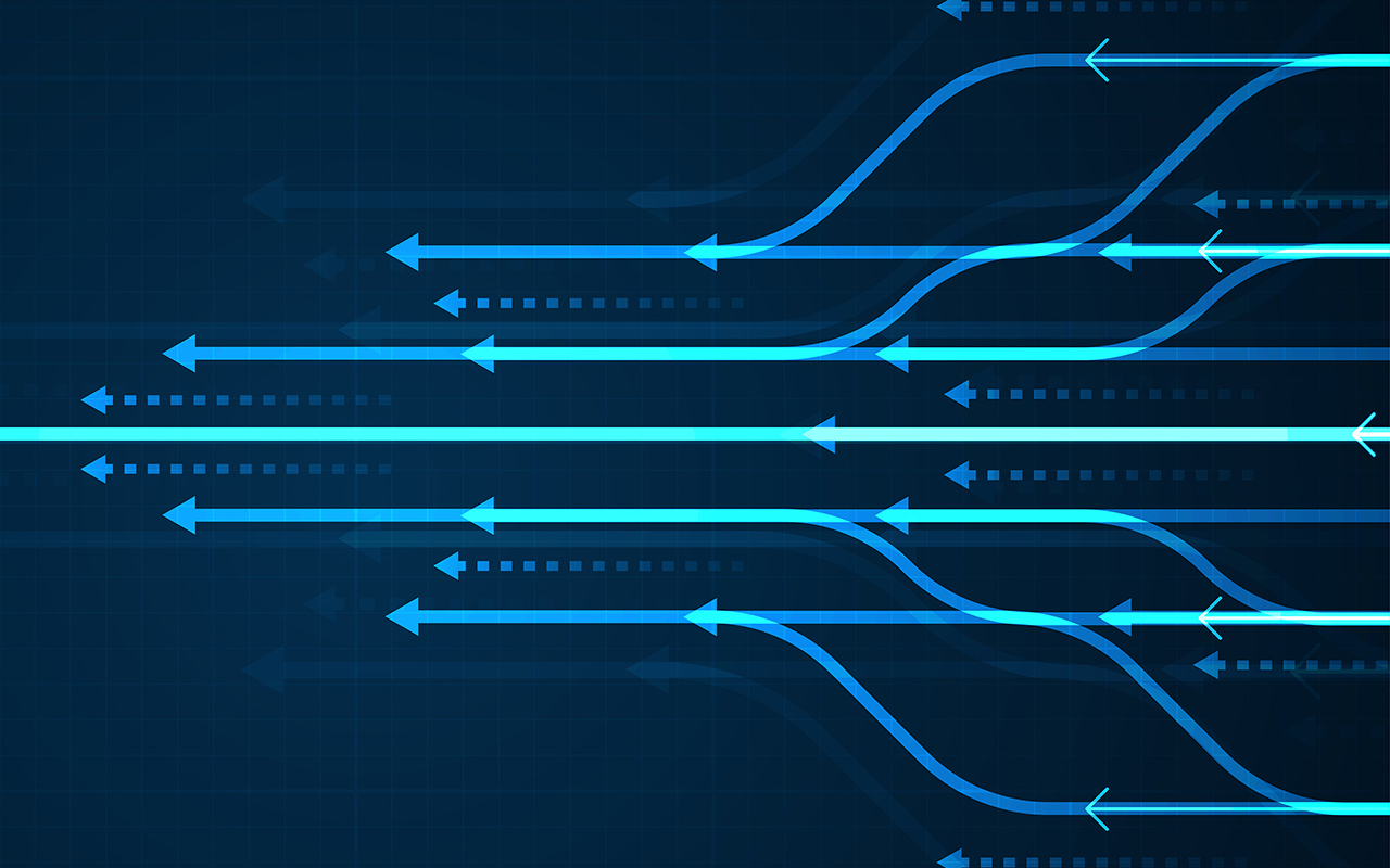Arrows pointing to the west and following one another against a dark blue background.